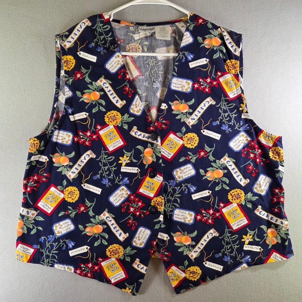 Vintage Cabin Creek XL Navy Blue Garden Seed Packet Cotton Vest Waistcoat Whimsy